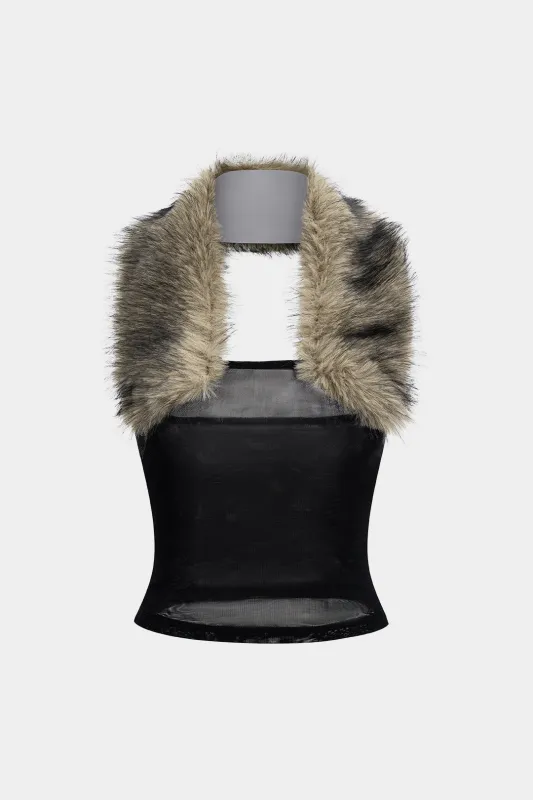 Sheer Patchwork Faux Fur Backless Tank Top sold by Micas