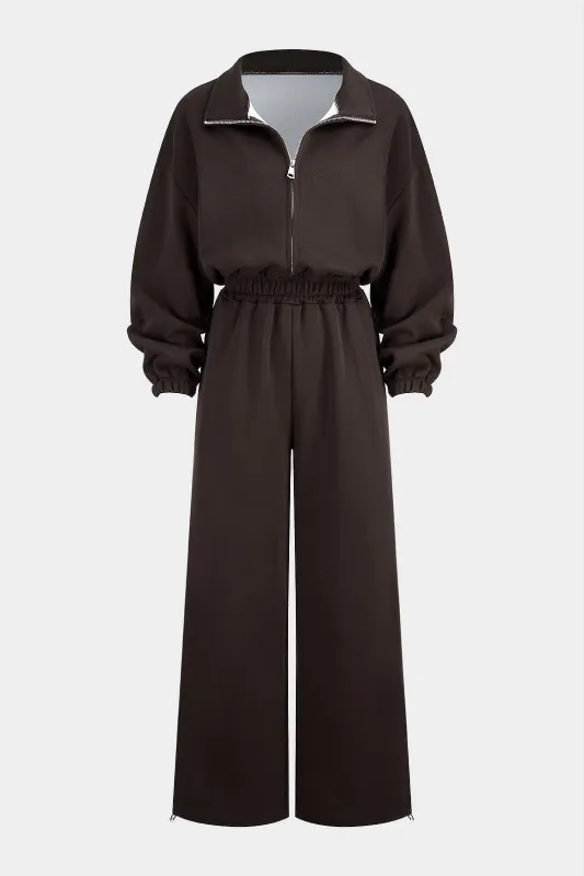 Polo Collar Zipper Shirred Long Sleeve Jumpsuit sold by Micas