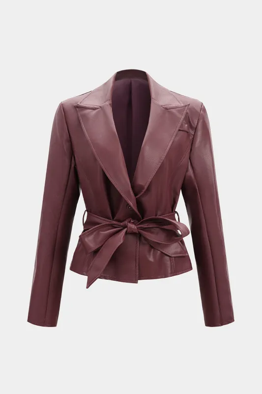 Solid Faux Leather Tie-Up Long Sleeve Jacket sold by Micas