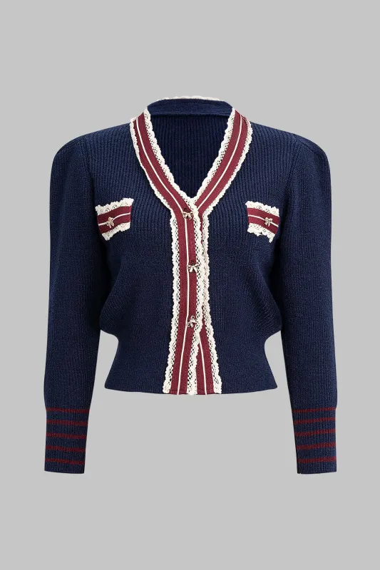 Knit Patchwork Lace Trim Metallic Button Cardigan made by Micas