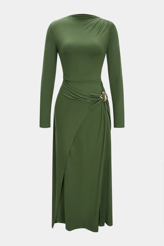 Boat Neck Metallic Decor Ruched Long Sleeve Maxi Dress sold by Micas