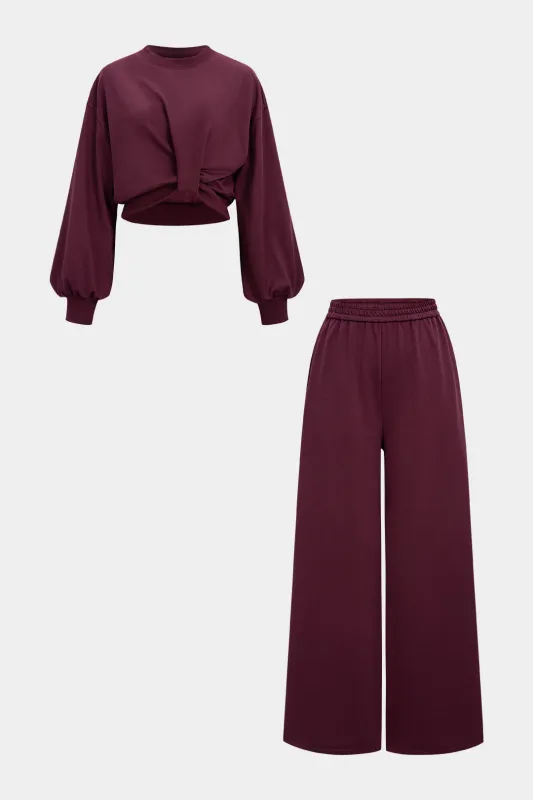 Solid Ruched Long Sleeve Top And Shirred Waistband Wide Leg Pants Set sold by Micas