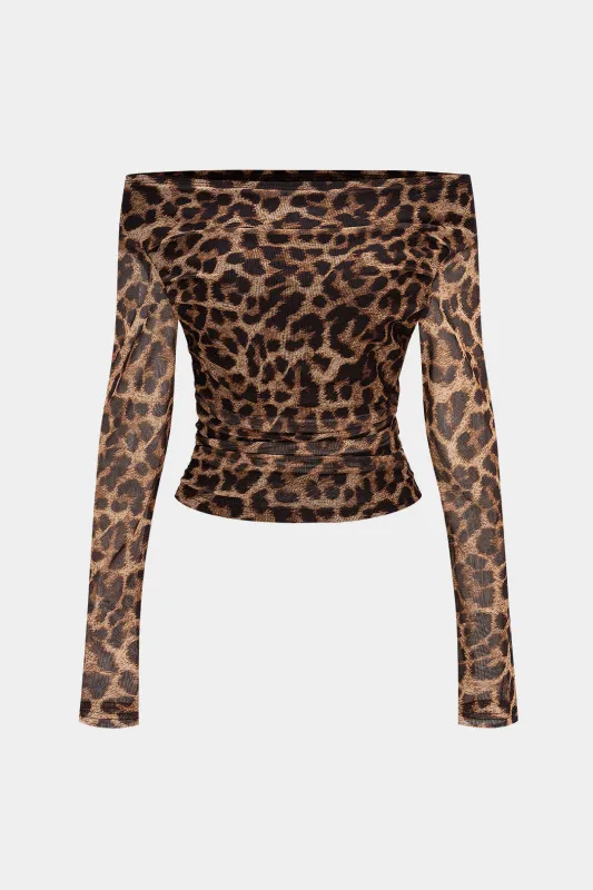 Leopard Print Mesh Off Shoulder Long-Sleeve Top sold by Micas