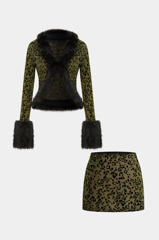 Leopard Print Patchwork Faux Fur V-Neck Long-Sleeve Top And Bodycon Skirt Set sold by Micas