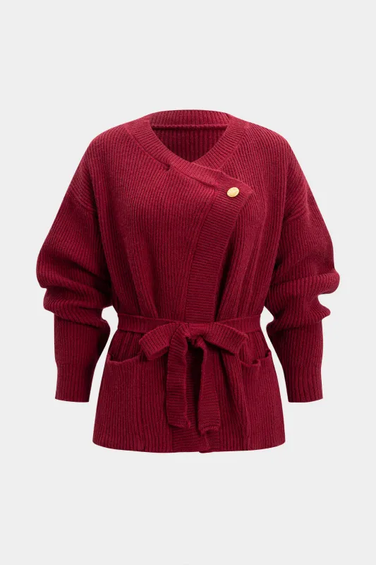 Knit Metallic Button Asymmetrical Tie-Up Pocket Cardigan sold by Micas