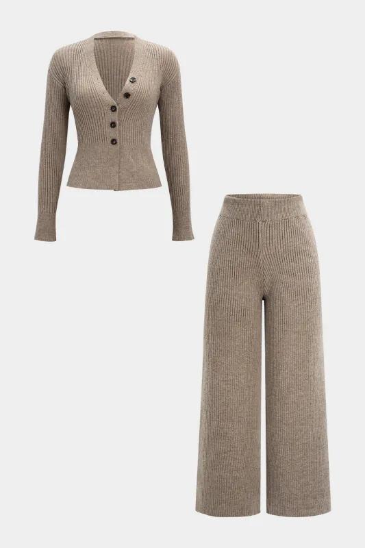 Knit Ribbed Button Asymmetrical Cardigan And Wide Leg Pants Set sold by Micas