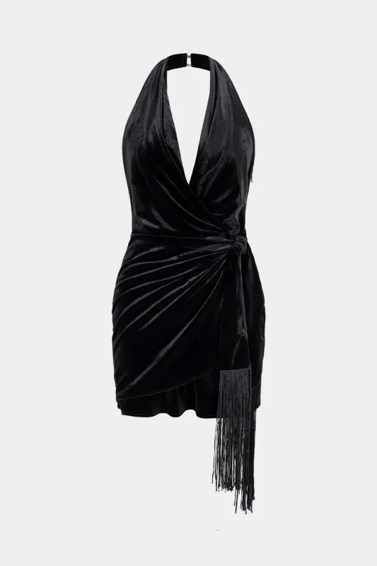 Velvet Halter Neck Fringe Backless Sleeveless Mini Dress sold by Micas