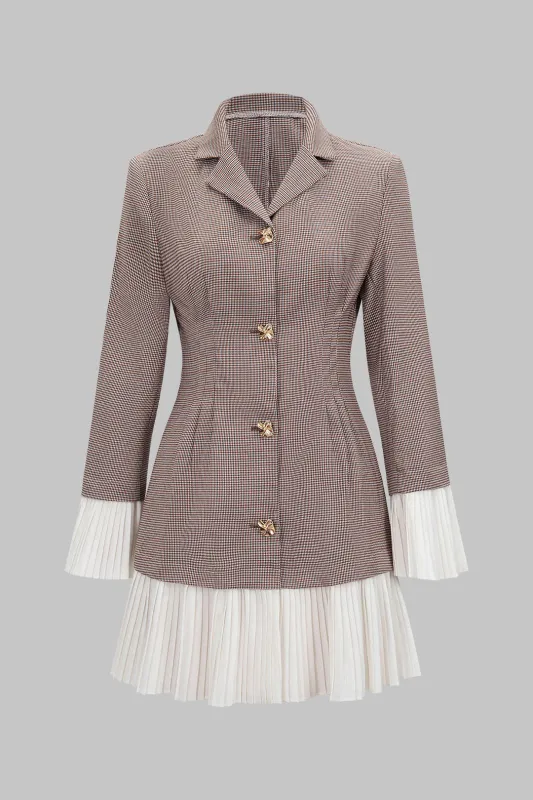 Houndstooth Print Patchwork Notched Lapel Pleated Hem Long Sleeve Mini Dress sold by Micas
