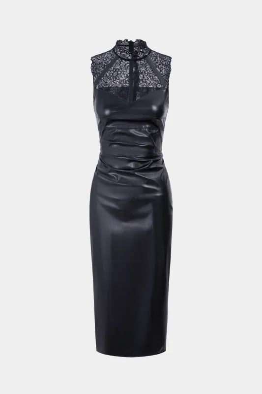 Faux Leather Patchwork Lace Ruched Sleeveless Midi Dress made by Micas
