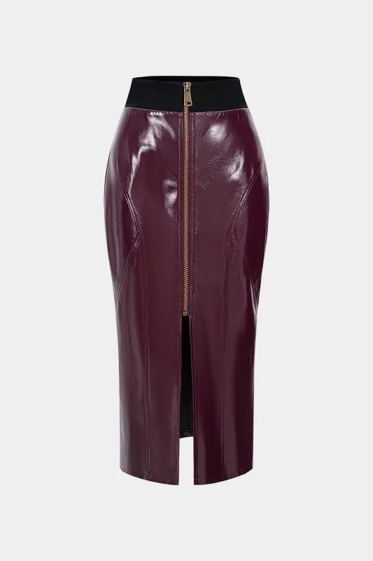 Faux Leather Patchwork Zipper Split Skirt sold by Micas