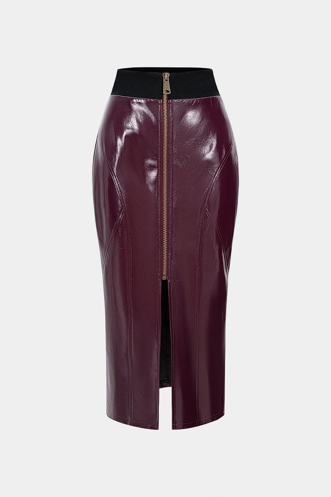 Faux Leather Patchwork Zipper Split Skirt sold by Micas