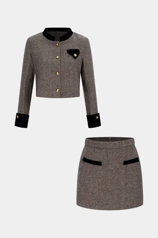 Metallic Button Contrast Cuffed Cropped Jacket And Fake Pocket Zipper Mini Skirt Set sold by Micas