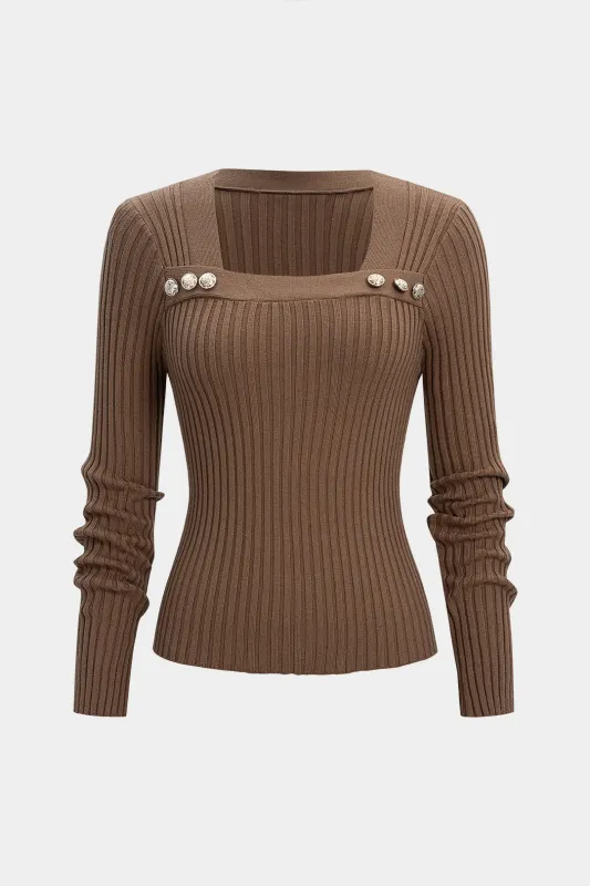 Knit Square Neck Ribbed Long-Sleeve Top sold by Micas
