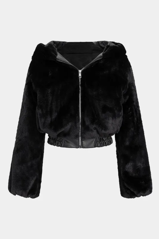 Patchwork Faux Leather Zipper Hooded Ruched Puffer sold by Micas