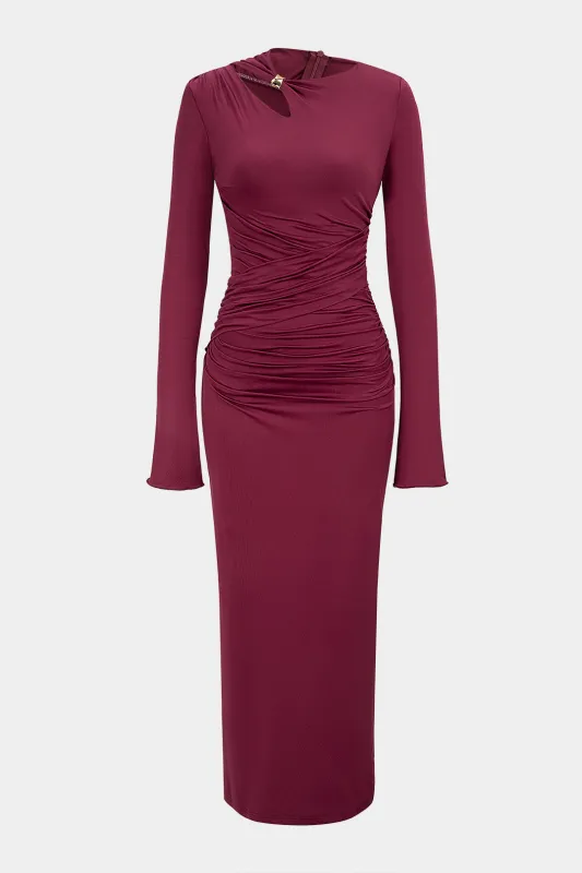 Asymmetrical Cut Out Ruched Long Sleeve Maxi Dress sold by Micas