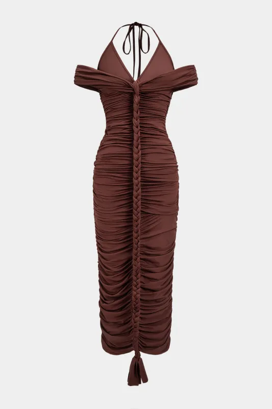 Halter Neck Tie-Back Ruched Braided Sleeveless Maxi Dress sold by Micas