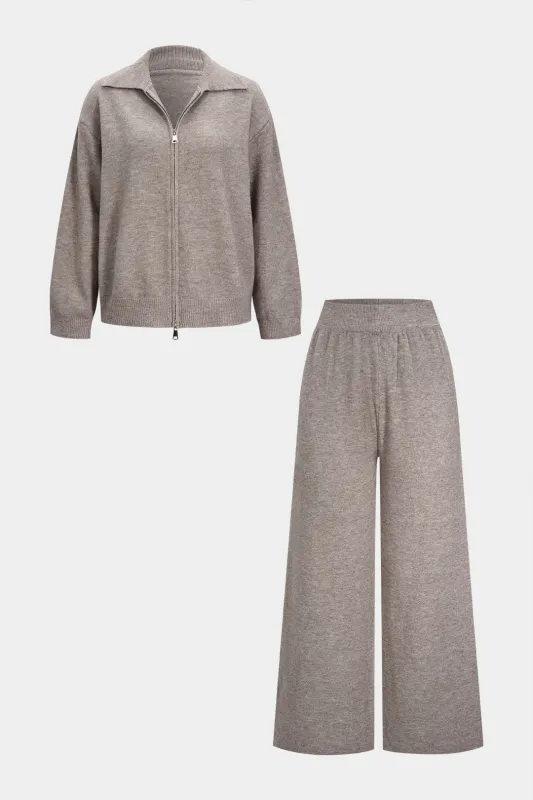 Knit Solid Zipper Cardigan And Wide Leg Pants Set sold by Micas