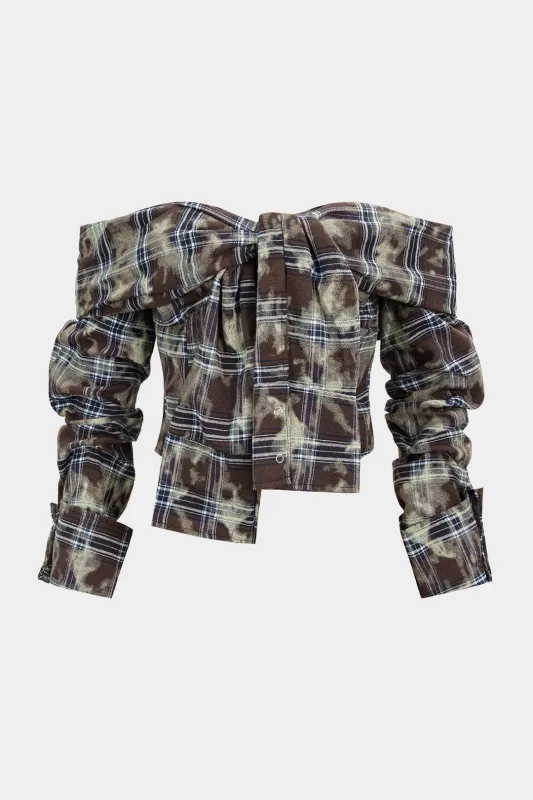 Plaid Print Off-Shoulder Smocked Long-Sleeve Shirt sold by Micas