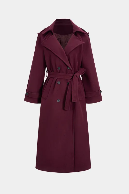 Woolen Double Breasted V-Neck Notched Lapel Belted Coat sold by Micas