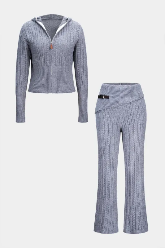 Graphic Knit Zipper Hooded Cardigan And Asymmetrical Pants Set sold by Micas