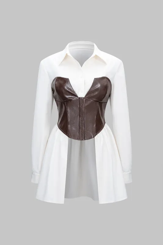 Faux Leather Patchwork Ruched Long-Sleeve Shirt sold by Micas