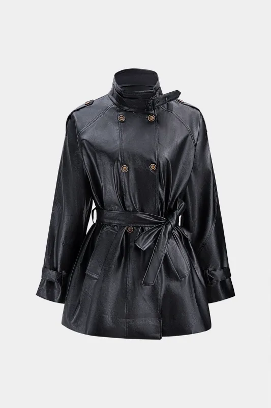 Faux Leather Stand Collar Belted Mid-Length Coat sold by Micas