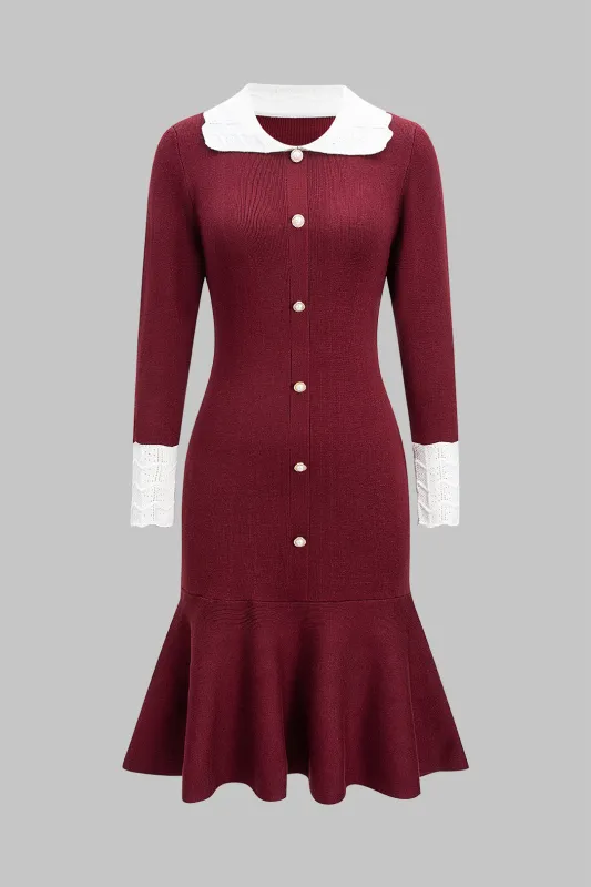 Knit Button Ruffle Hem Long Sleeve Dress sold by Micas