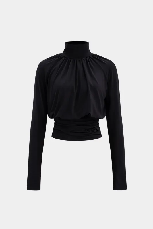 Basic Faux Leather High Collar Wrinkled Long Sleeve T-Shirt sold by Micas