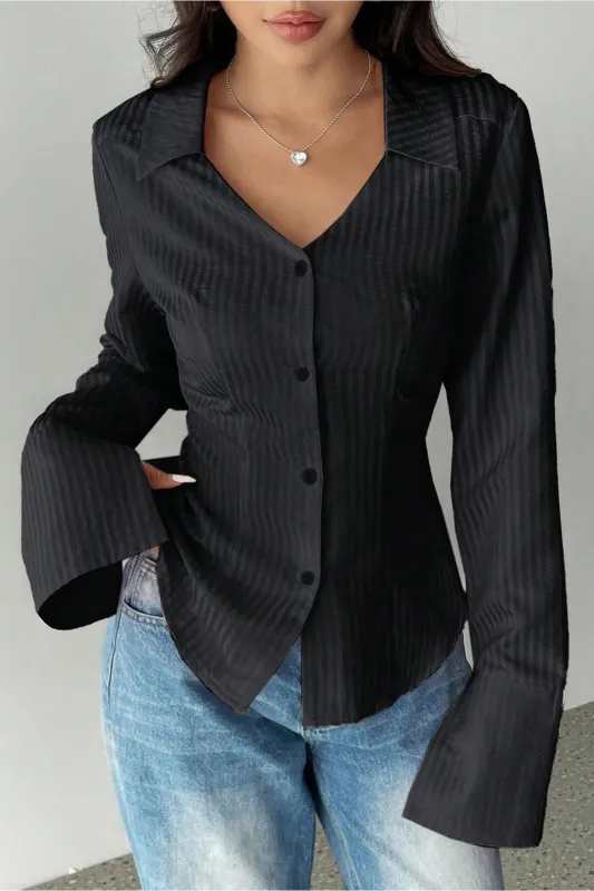 Stripes Print V-Neck Bell Long-Sleeve Shirt sold by Micas
