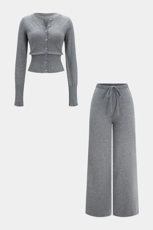 Knit Round Neck Button Cardigan And Tie-Up Wide Leg Pants Set sold by Micas