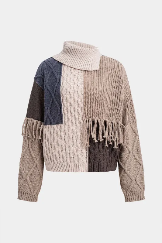 Cable Knit Asymmetrical Neck Contrast Long-Sleeve Top sold by Micas