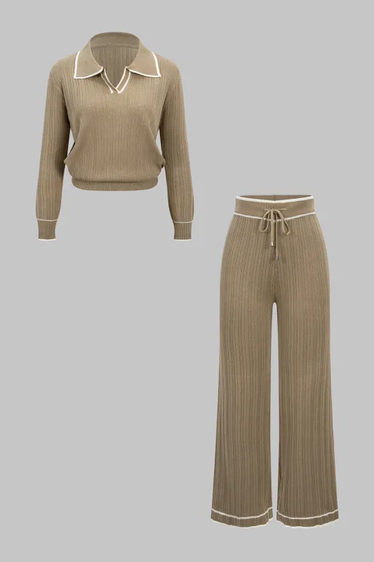 Knit Contrast Binding Long-Sleeve Top And Drawstring High Waist Pants Set sold by Micas