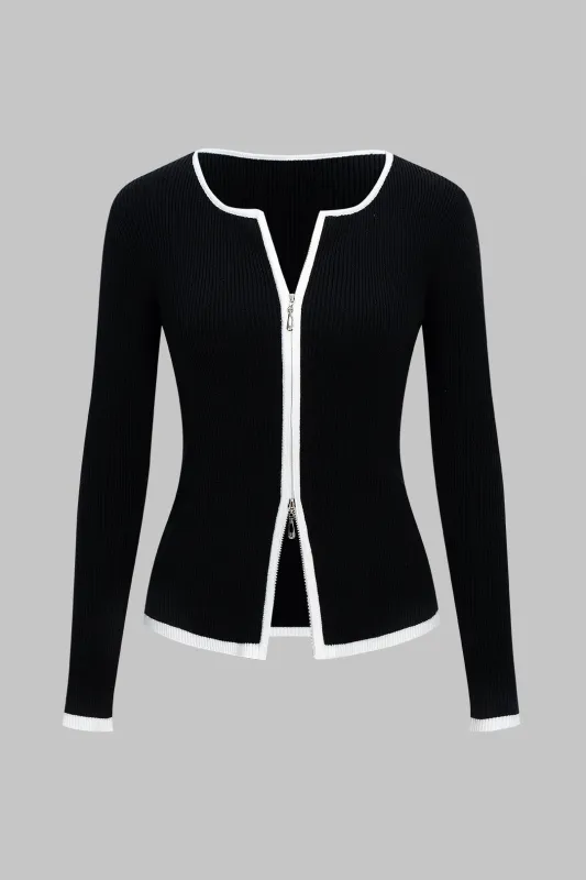 Knit Contrast Binding Zipper Long-Sleeve Top sold by Micas