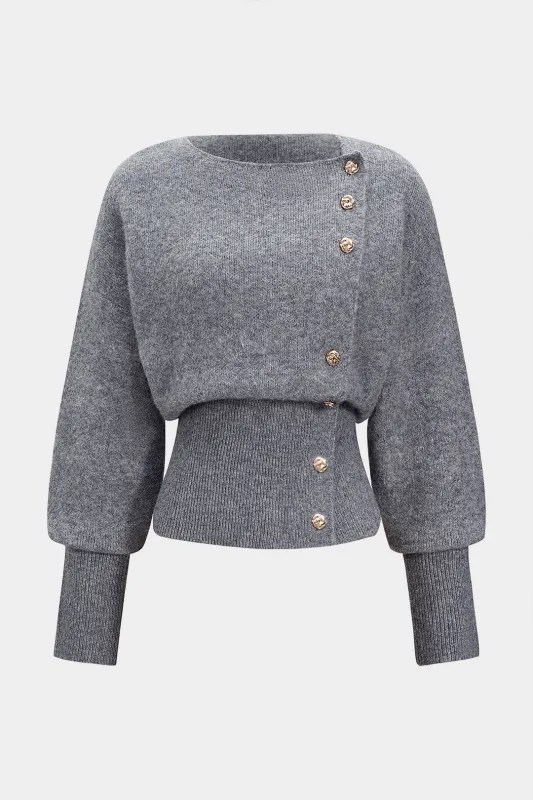 Knit Metallic Button Asymmetrical Long-Sleeve Top sold by Micas