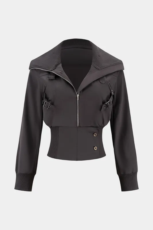 Zipper Pocket Waist-Cinching Cropped Jacket sold by Micas