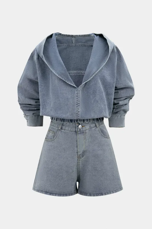 Denim Shirred Hoodie And Shorts Set sold by Micas
