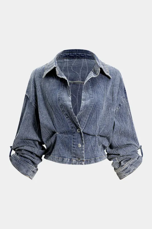 Denim Button Smocked Ruched Outerwear sold by Micas