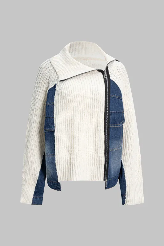 Knit Denim Patchwork Asymmetrical Zipper Long-Sleeve Top sold by Micas