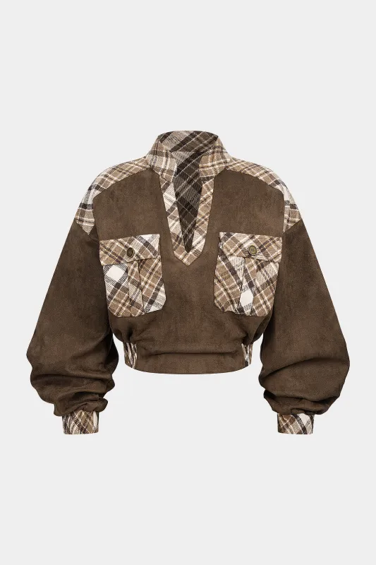 Plaid Color Block Print Suede V-Neck Pocket Sweatshirt sold by Micas