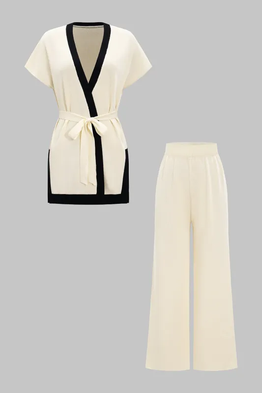 Contrast Binding Tie-Front Top And Wide Leg Pants Set made by Micas