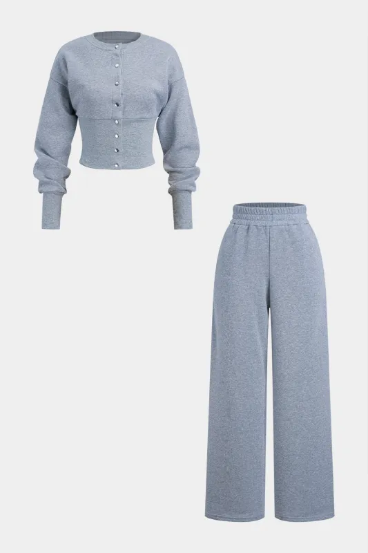 Solid Button Long-Sleeve Top And Shirred Waistband Pants Set sold by Micas