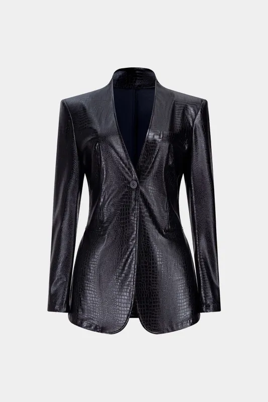 Crocodile Print Faux Leather V-Neck Pocket Jakcet sold by Micas