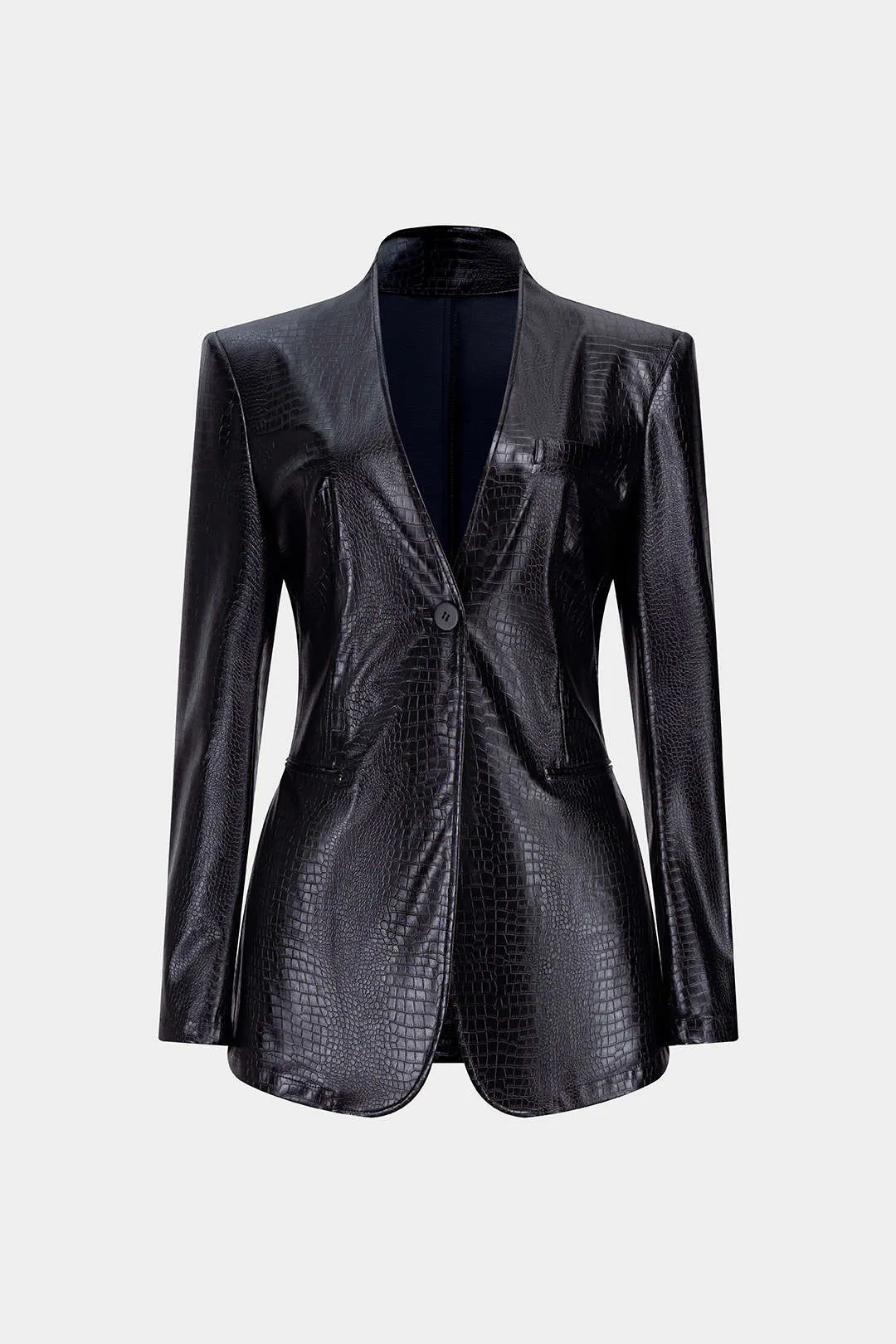 Crocodile Print Faux Leather V-Neck Pocket Jakcet sold by Micas