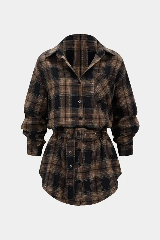 Retro Plaid Print Belted Long-Sleeve Shirt sold by Micas