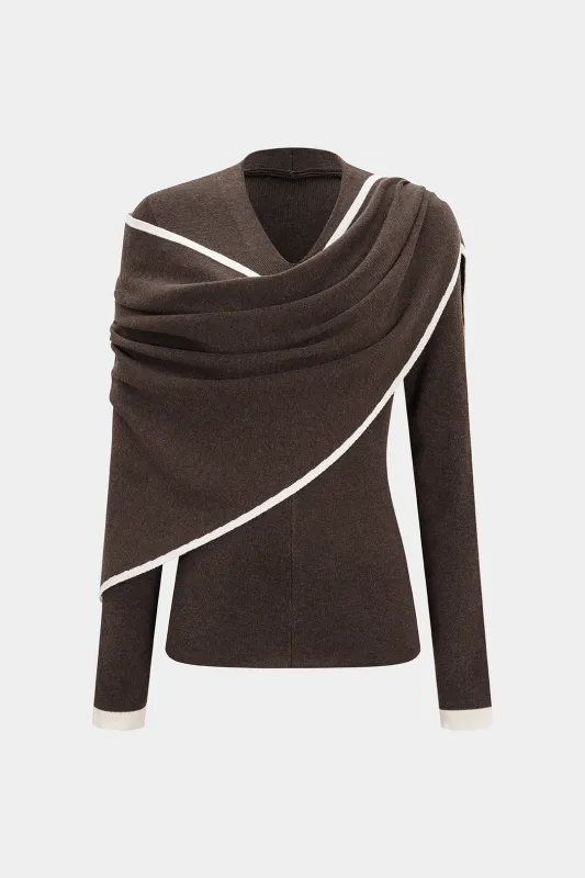 Knit V-Neck Wrap Draped Contrast Binding Long-Sleeve Top sold by Micas