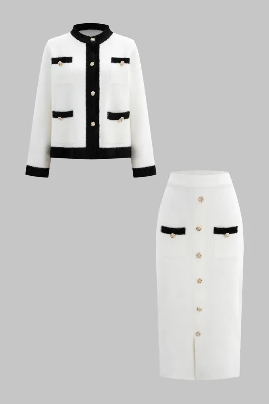 Knit Contrast Binding Metallic Button Long-Sleeve Top And Skirt Set sold by Micas