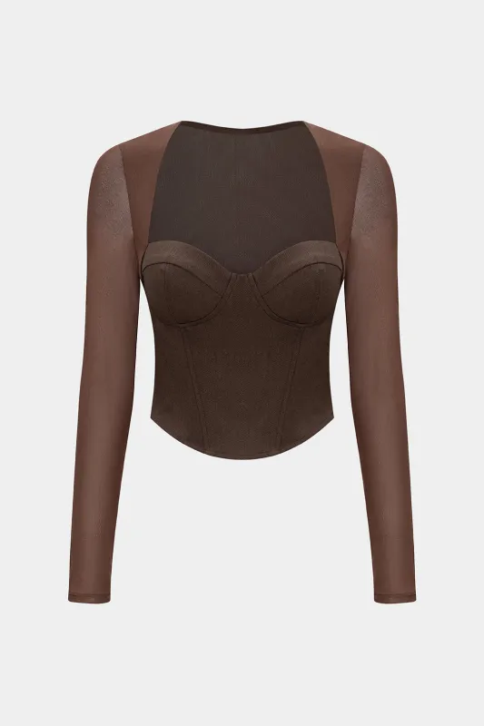Mesh Patchwork Bustier Long-Sleeve T-Shirt sold by Micas
