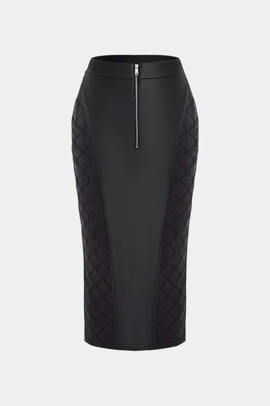 Faux Leather Quilted Patchwork Zipper Split Skirt sold by Micas