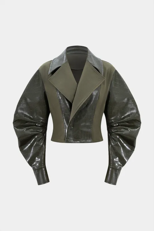 Crocodile Print Faux Leather Patchwork Notched Lapel Ruched Blazer sold by Micas