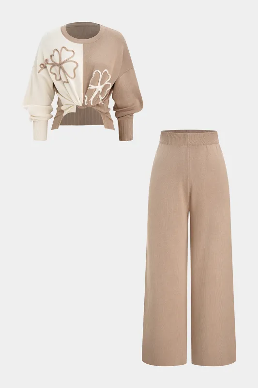 Knit Contrast Flower Applique Long-Sleeve Top And Wide Leg Pants Set sold by Micas